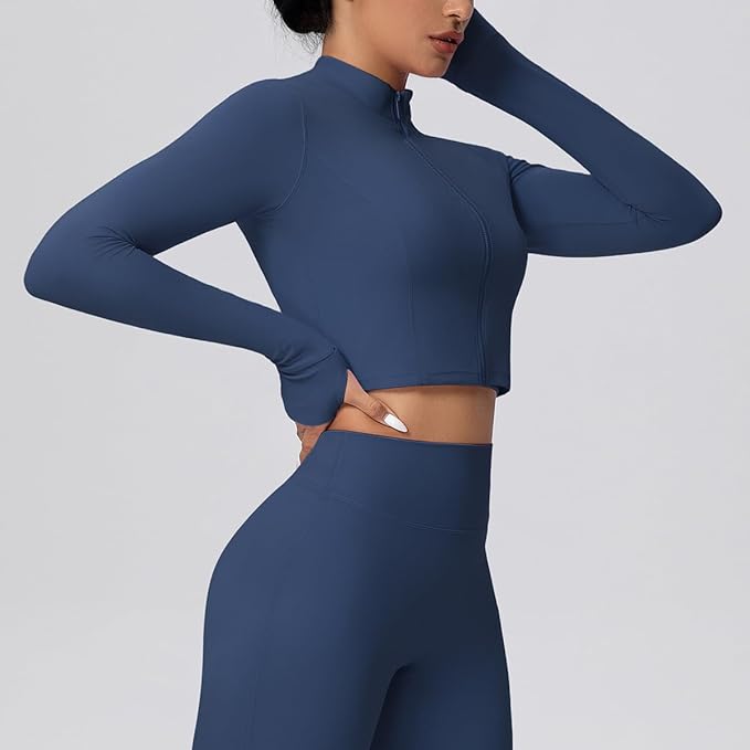 Yknktstc Womens Full Zip Athletic Jacket with Thumbhole Long Sleeve Crop Top Running Workout Yoga Sportswear Shirt