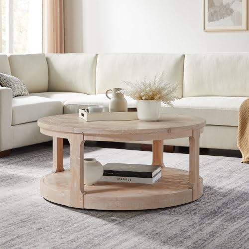 40" Round Wood Coffee Table, 2 Tier Modern Center Table with Roller Wheels,Solid Wood+MDF, Easy Assembly, Accent Table for Living Room, Apartment, Small Space.(Oak)