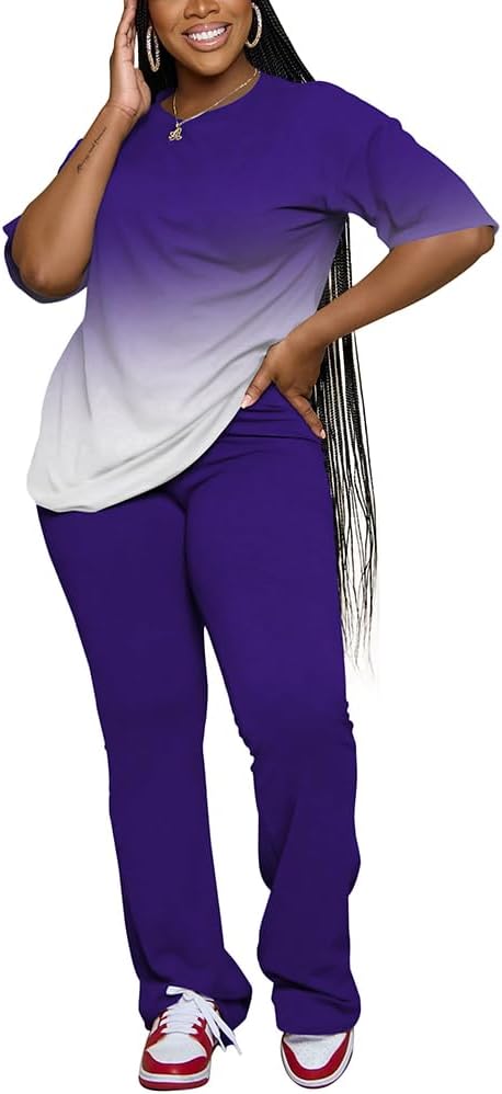 PINSV Women 2 Piece Outfits Short Sleeve Top and Flare Pants Lounge Sets Tracksuit