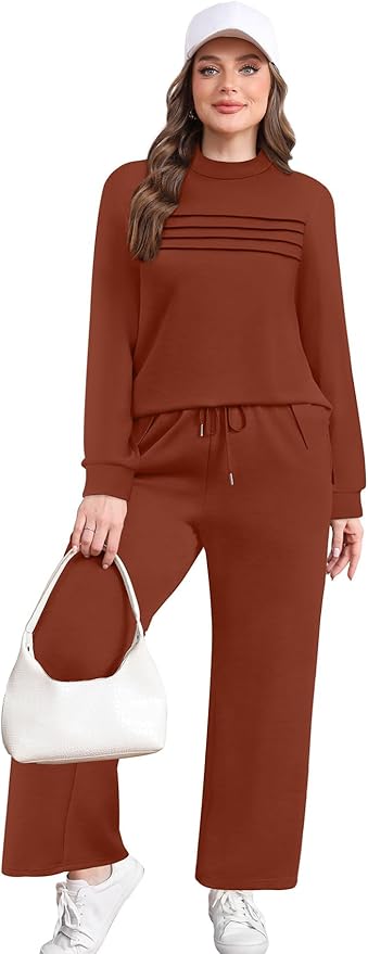 WIHOLL Two Piece Sets for Women Spring Travel Vacation Outfits 2026 Long Sleeve Lounge Sets Side Slit Wide Leg Pants S-3XL