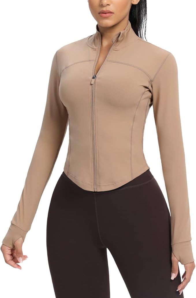 AVGO Women's Cropped Running Workout Jackets Zip Slim Fit Athletic Tops with Thumb Holes