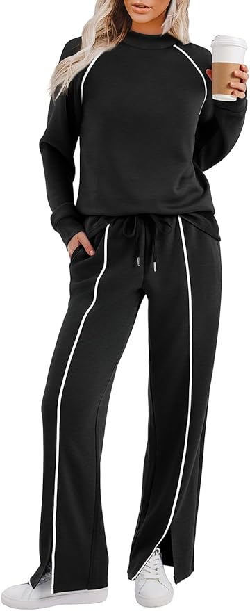 WIHOLL Lounge Sets for Women 2 Piece Fall Outfits 2025 Wide Leg Pant Matching Sets Womens Clothing
