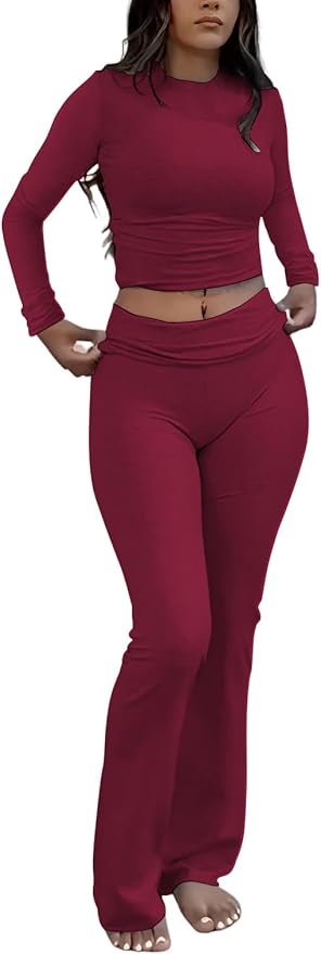 ZFLM Casual Workout Two Piece Outfits Long Sleeve High Waist Fold-Over Flared Leggings Pants Tracksuit Sets Streetwear