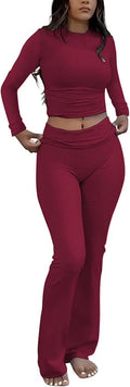 ZFLM Casual Workout Two Piece Outfits Long Sleeve High Waist Fold-Over Flared Leggings Pants Tracksuit Sets Streetwear