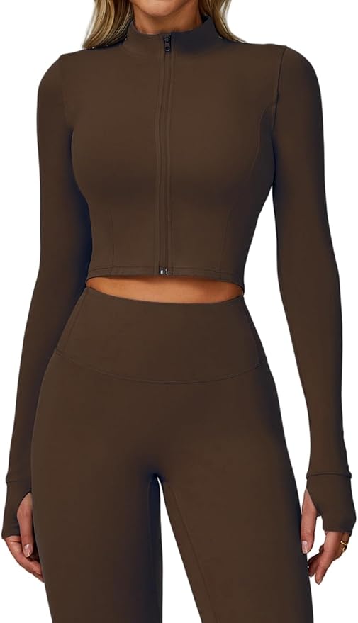 Yknktstc Womens Full Zip Athletic Jacket with Thumbhole Long Sleeve Crop Top Running Workout Yoga Sportswear Shirt