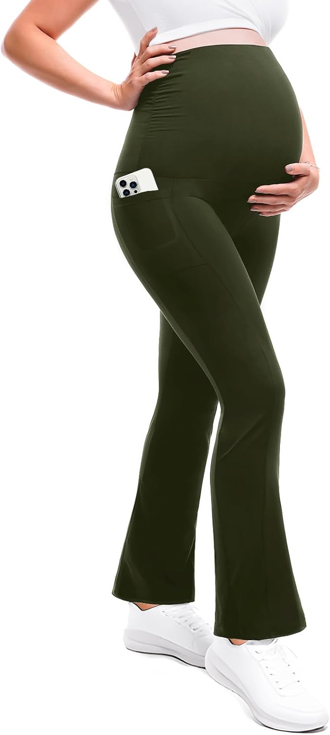 Leafigure Maternity Flare Leggings with Pockets Over The Belly Yoga Pants for Workout Soft Pregnancy Activewear