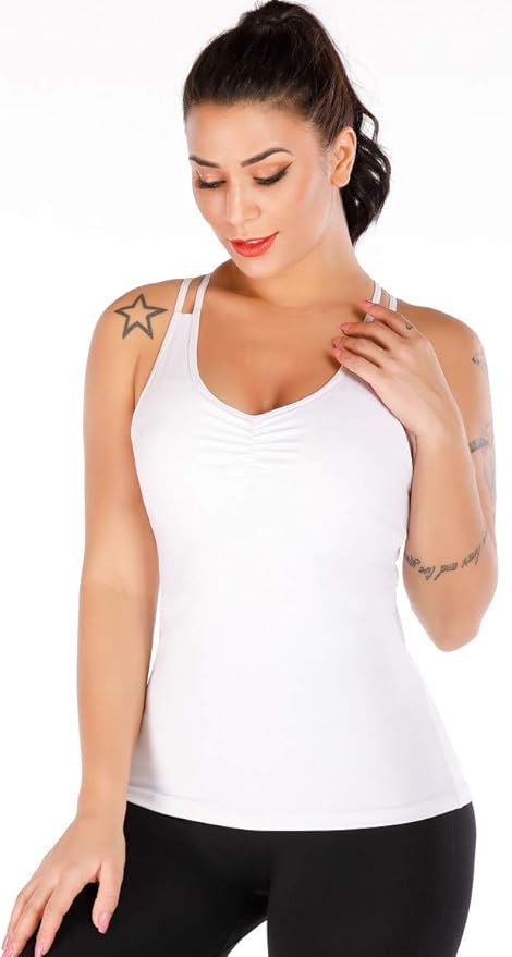 RUNNING GIRL Yoga Tank Tops for Women Built in Shelf Bra B/C Cups Strappy Back Activewear Workout Compression Tops