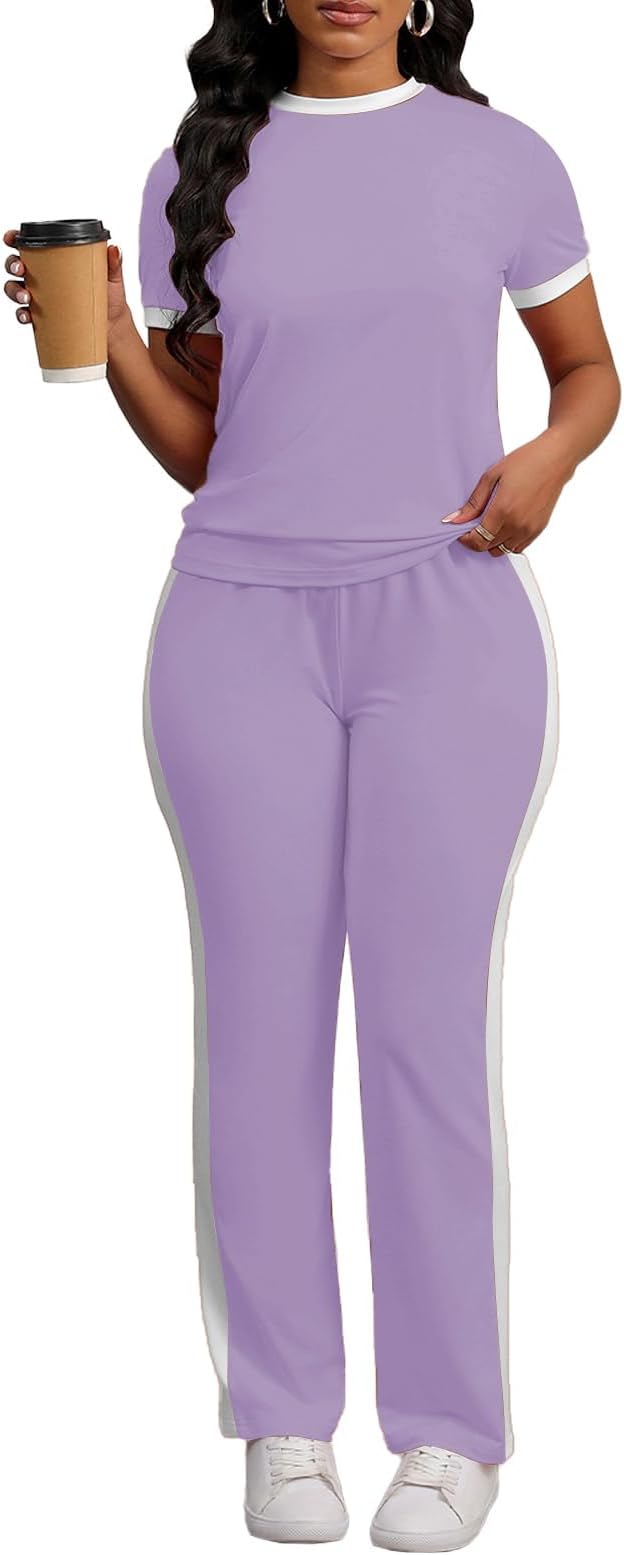 PINSV Women's 2 Piece Outfits Short Sleeve Tops Sweatpants Colorblock Bodycon Lounge Sets Tracksuit