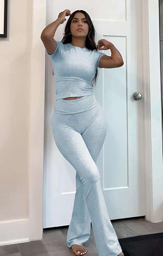ZFLM Casual Workout Two Piece Outfits for Women Short Sleeve Crop High Waist Foldover Flare Pants Tracksuit Sets Streetwear