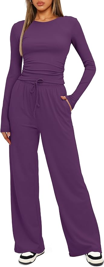 Darong Women's 2 Piece Outfits Lounge Sets 2026 Long Sleeve Tops Wide Leg Pants Casual Matching Set