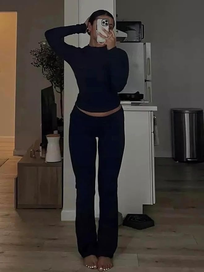ZFLM Casual Workout Two Piece Outfits Long Sleeve High Waist Fold-Over Flared Leggings Pants Tracksuit Sets Streetwear