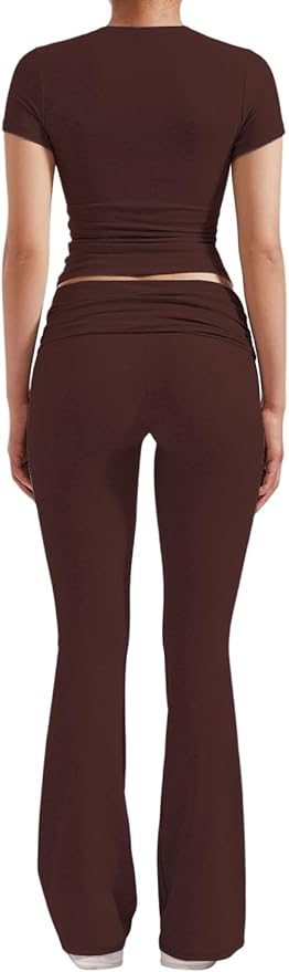 YETOWA Women's 2 Piece Lounge Outfits Slim Short Sleeve Tops Low Rise Flare Leggings Sets Yoga Sweatsuit