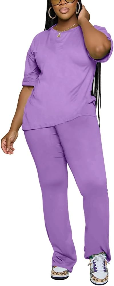 PINSV Women 2 Piece Outfits Short Sleeve Top and Flare Pants Lounge Sets Tracksuit