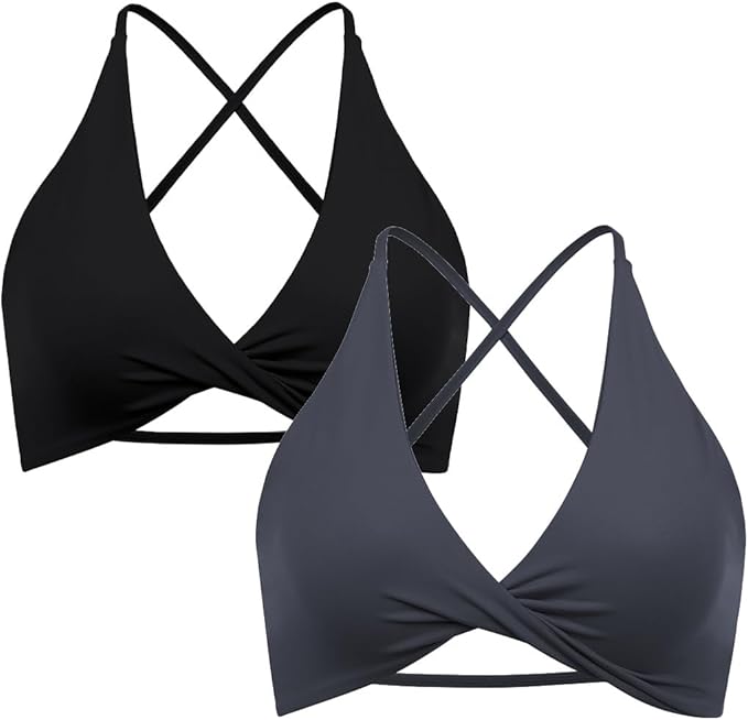 SUUKSESS Women 2 Piece Open Back Strappy Sports Bra Pack Twist V Neck Workout Crops