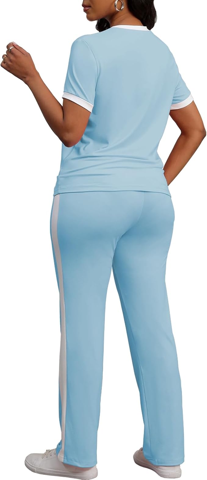 PINSV Women's 2 Piece Outfits Short Sleeve Tops Sweatpants Colorblock Bodycon Lounge Sets Tracksuit