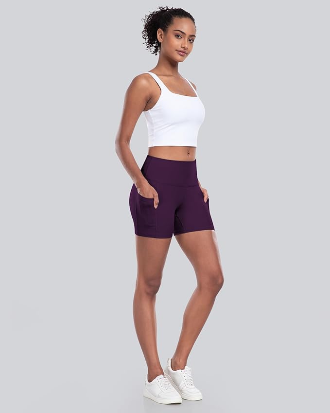 CHRLEISURE Womens Biker Yoga Shorts with Pocket, High Waisted Tummy Control 5 Inch Workout Spandex Athletic Gym Shorts