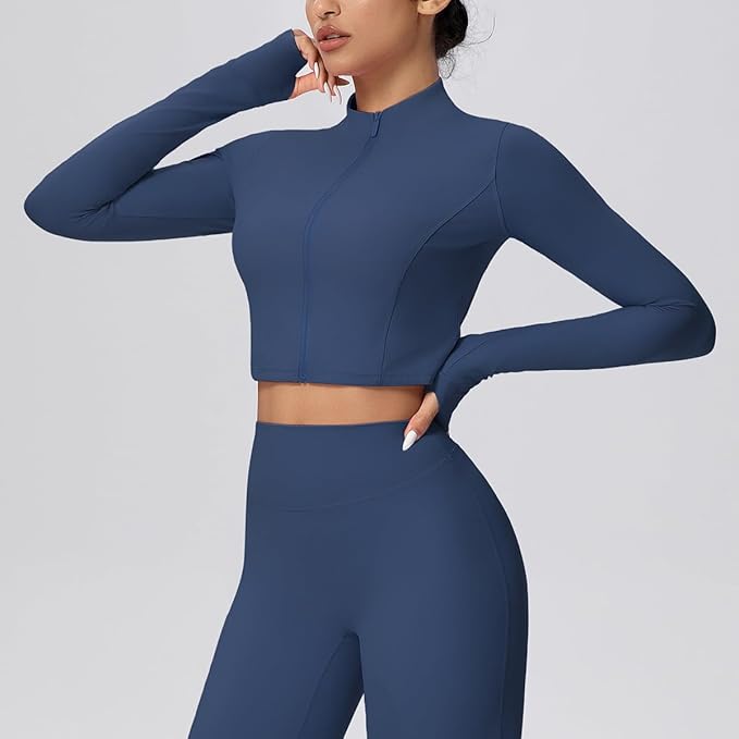 Yknktstc Womens Full Zip Athletic Jacket with Thumbhole Long Sleeve Crop Top Running Workout Yoga Sportswear Shirt