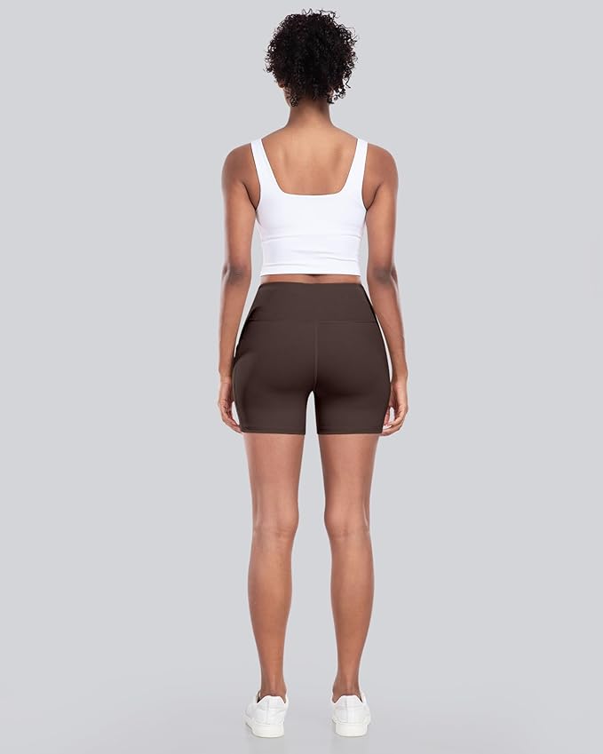 CHRLEISURE Womens Biker Yoga Shorts with Pocket, High Waisted Tummy Control 5 Inch Workout Spandex Athletic Gym Shorts