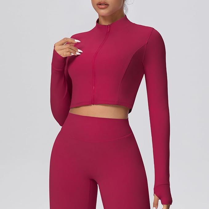 Yknktstc Womens Full Zip Athletic Jacket with Thumbhole Long Sleeve Crop Top Running Workout Yoga Sportswear Shirt