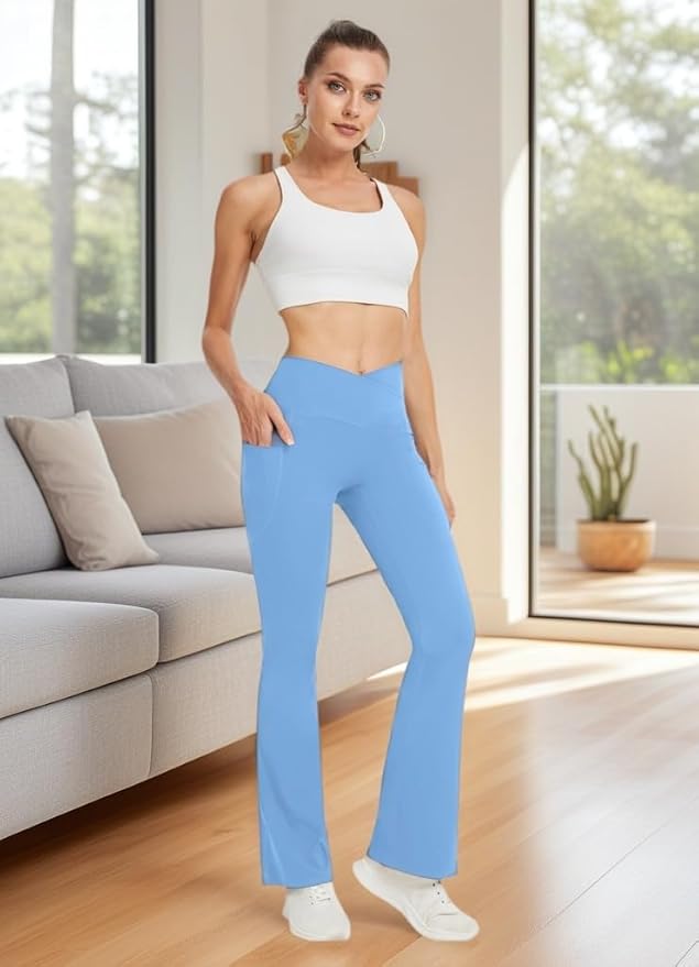 DLOODA Women's Yoga Pants with Pockets No Front Seam Crossover High Waisted Flare Leggings Tummy Control Bootcut Pants