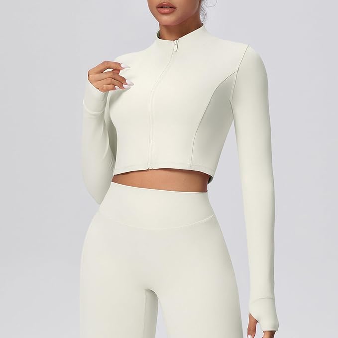 Yknktstc Womens Full Zip Athletic Jacket with Thumbhole Long Sleeve Crop Top Running Workout Yoga Sportswear Shirt