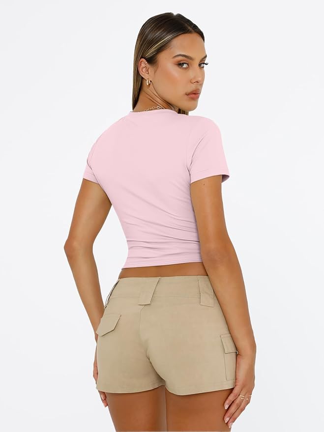 Trendy Queen Womens Short Sleeve T Shirts - Buttery Soft Summer Crop Tops Slim Fit Y2k Basic Tees for Workout