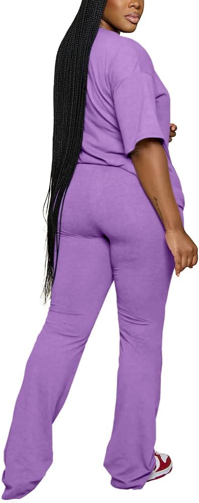 PINSV Women 2 Piece Outfits Short Sleeve Top and Flare Pants Lounge Sets Tracksuit