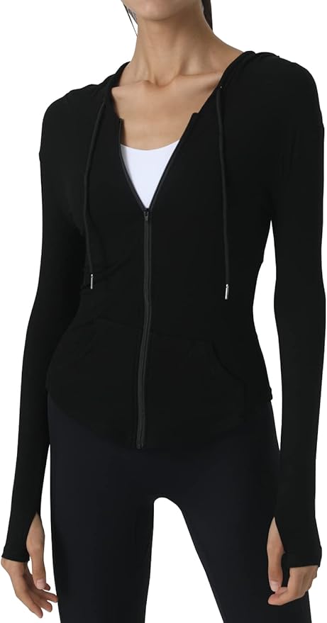 Locachy Womens Slim Fit Full Zip Hoodie Athletic Jacket Yoga Workout Running Jackets with Thumb Holes
