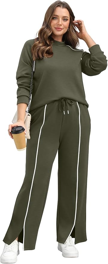 WIHOLL Lounge Sets for Women 2 Piece Fall Outfits 2025 Wide Leg Pant Matching Sets Womens Clothing