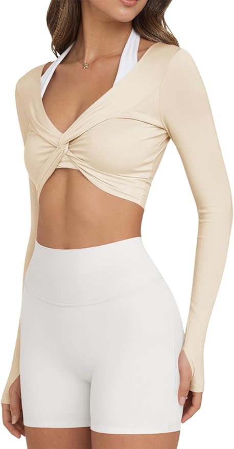 Yousify Womens Long Sleeve Workout Crop Tops Twist Deep V Neck Y2k Yoga Pilates Ballet T Shirt Top with Thumb Holes