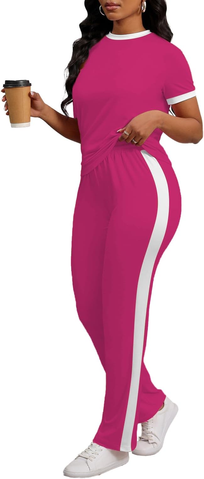 PINSV Women's 2 Piece Outfits Short Sleeve Tops Sweatpants Colorblock Bodycon Lounge Sets Tracksuit