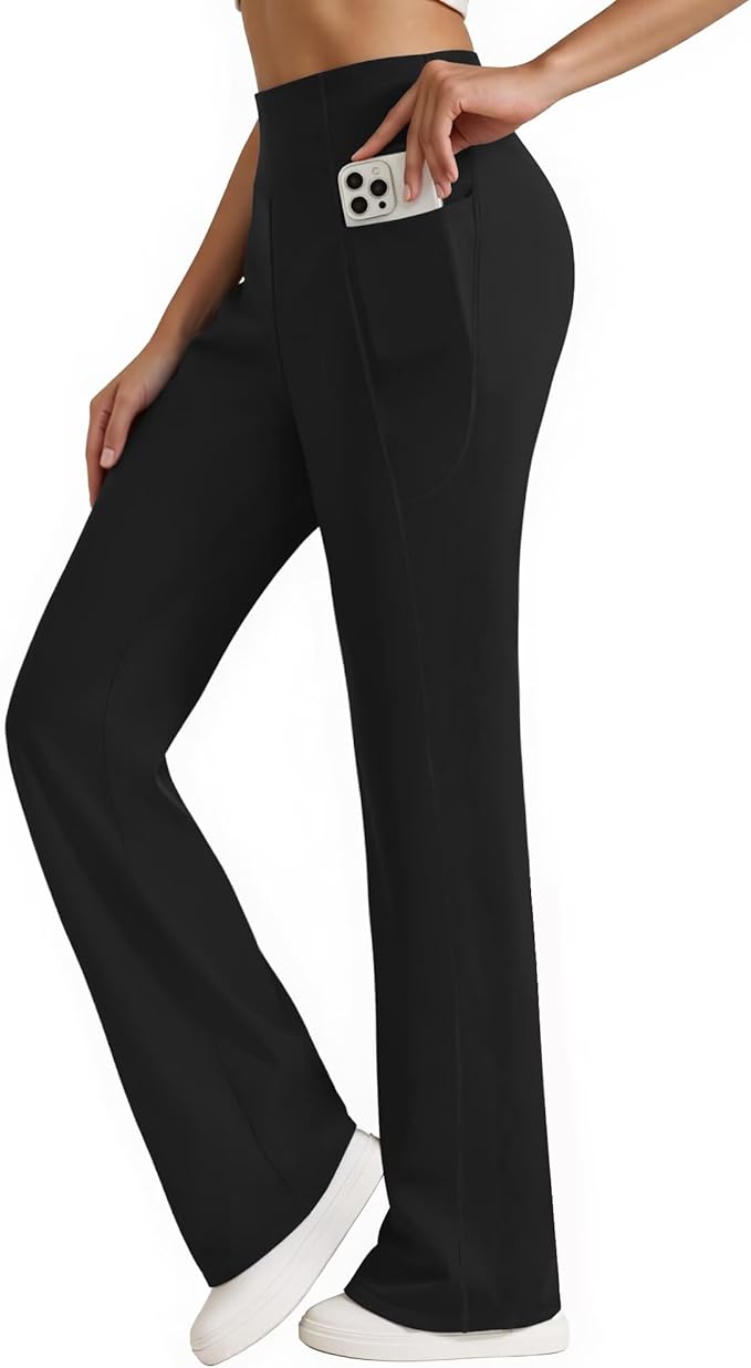 Womens High Waist Yoga Pants Stretchy Casual Trousers Straight Leg Pull On Side Pockets