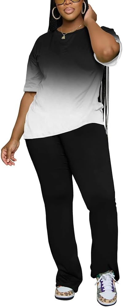 PINSV Women 2 Piece Outfits Short Sleeve Top and Flare Pants Lounge Sets Tracksuit