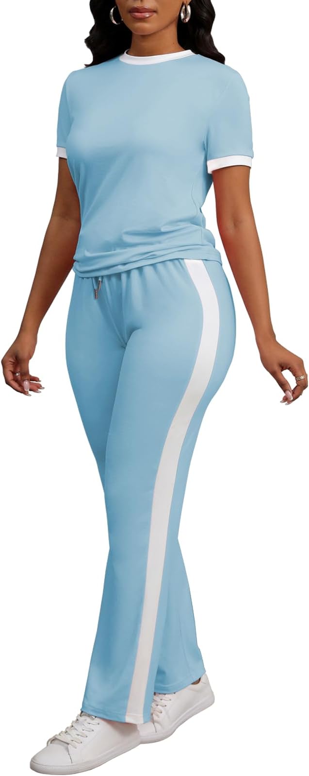 PINSV Women's 2 Piece Outfits Short Sleeve Tops Sweatpants Colorblock Bodycon Lounge Sets Tracksuit