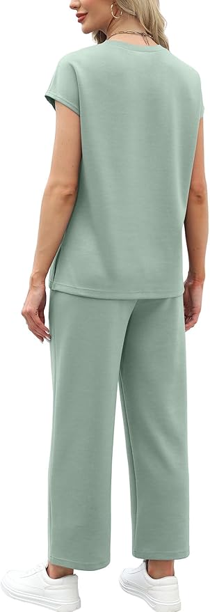 WIHOLL Two Piece Sets for Women Summer Spring Travel Vacation Outfits Cap Sleeve Lounge Matching Sets Wide Leg Pants S-3XL