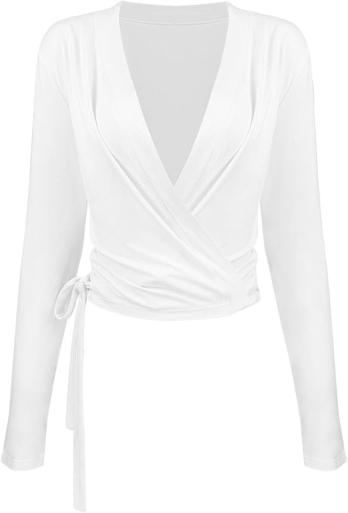 Yoga outfit with feminine temperament, cross V-neck, slimming effect, pleated waist, slim fit, sports long sleeved outfit