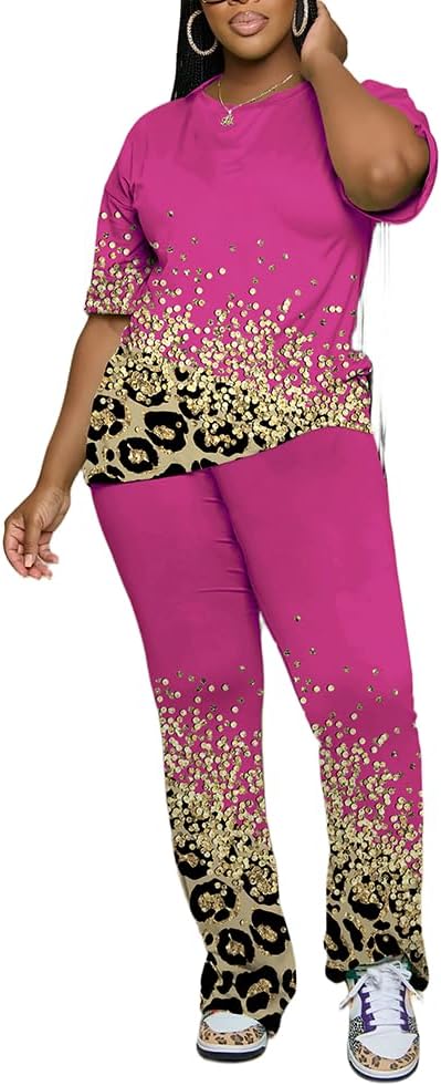 PINSV Women 2 Piece Outfits Short Sleeve Top and Flare Pants Lounge Sets Tracksuit