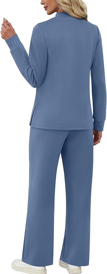 WIHOLL Two Piece Sets for Women Spring Travel Vacation Outfits 2026 Long Sleeve Lounge Sets Side Slit Wide Leg Pants S-3XL