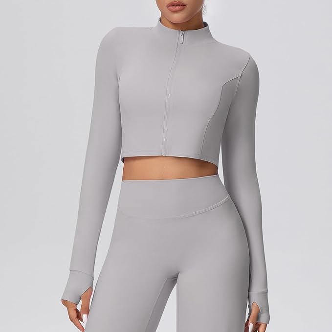 Yknktstc Womens Full Zip Athletic Jacket with Thumbhole Long Sleeve Crop Top Running Workout Yoga Sportswear Shirt