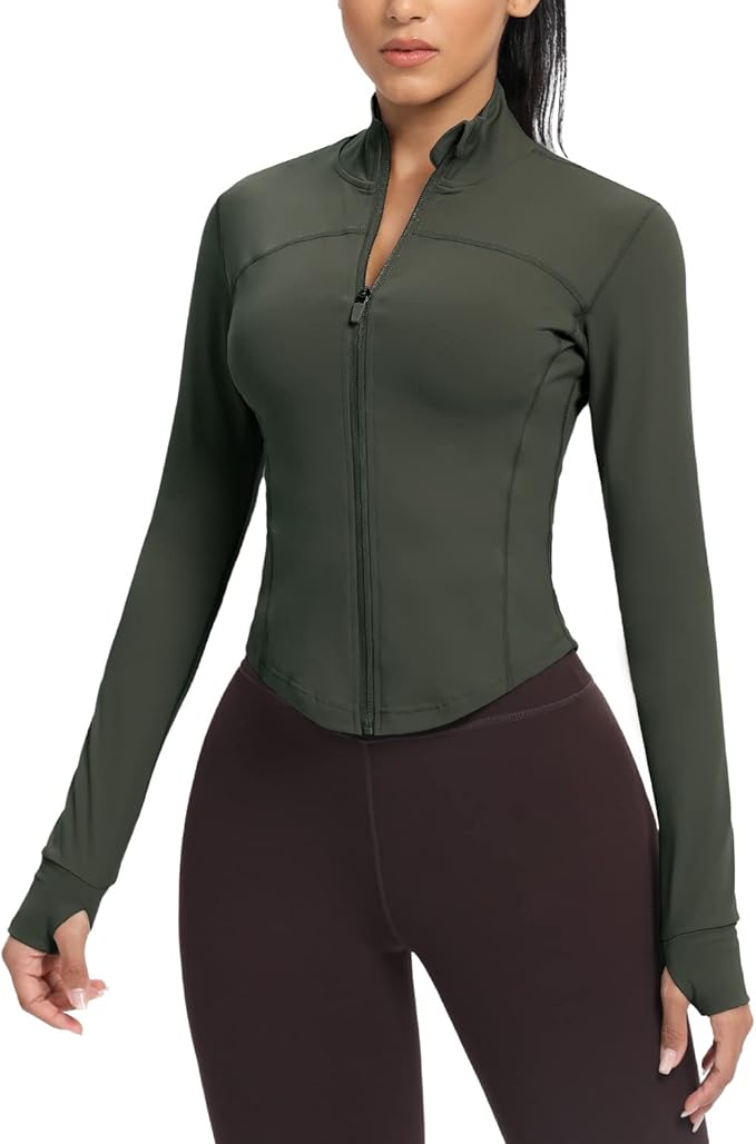 AVGO Women's Cropped Running Workout Jackets Zip Slim Fit Athletic Tops with Thumb Holes