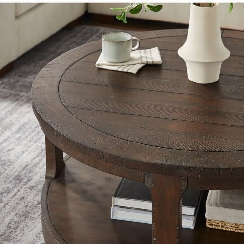 40" Round Wood Coffee Table, 2 Tier Modern Center Table with Roller Wheels,Solid Wood+MDF, Easy Assembly, Accent Table for Living Room, Apartment, Small Space.(Dark Brown)