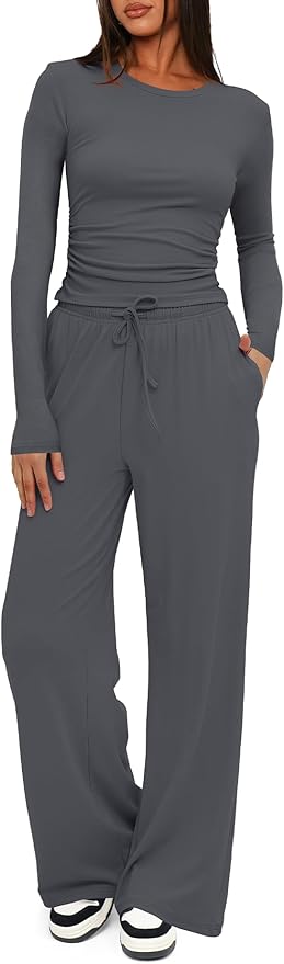 Darong Women's 2 Piece Outfits Lounge Sets 2026 Long Sleeve Tops Wide Leg Pants Casual Matching Set