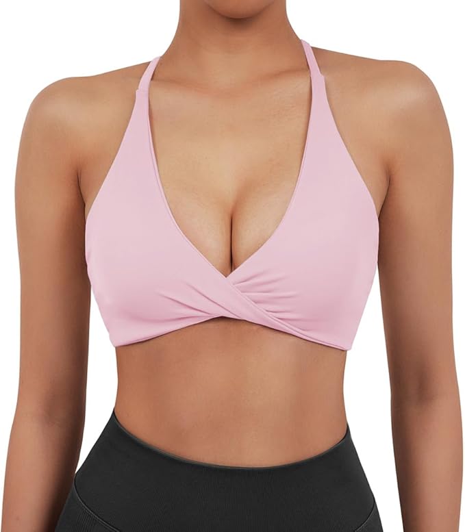 SUUKSESS Women 2 Piece Open Back Strappy Sports Bra Pack Twist V Neck Workout Crops