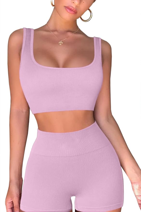 QINSEN Workout Sets for Women 2 Piece Seamless Ribbed Crop Tank High Waist Shorts Yoga Outfits
