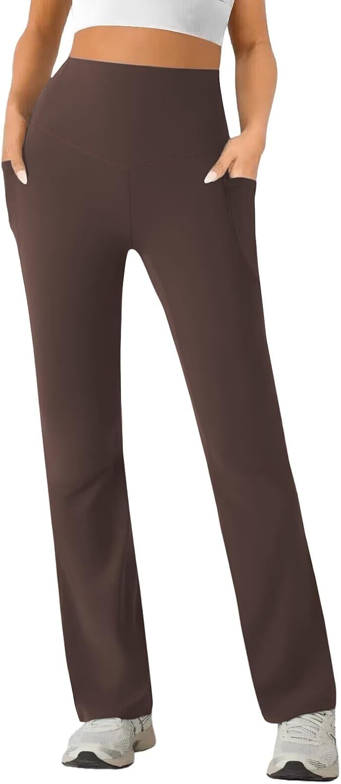 Womens High Waist Yoga Pants Stretchy Casual Trousers Straight Leg Pull On Side Pockets