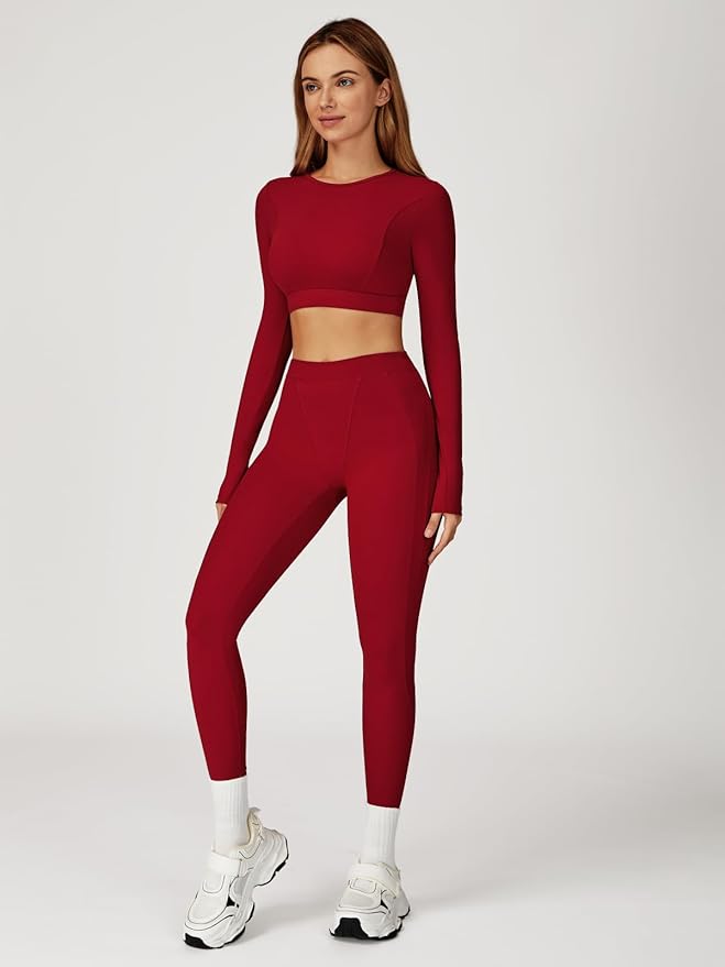 Women’s 2 Piece Workout Set Long Sleeve Crop Top & High Waist Leggings | Stretch Activewear for Gym & Yoga