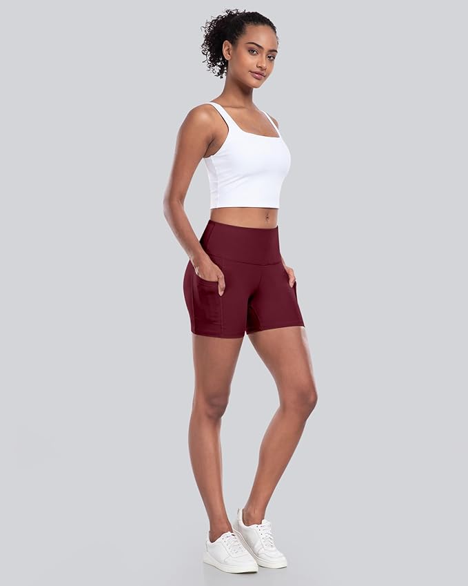 CHRLEISURE Womens Biker Yoga Shorts with Pocket, High Waisted Tummy Control 5 Inch Workout Spandex Athletic Gym Shorts