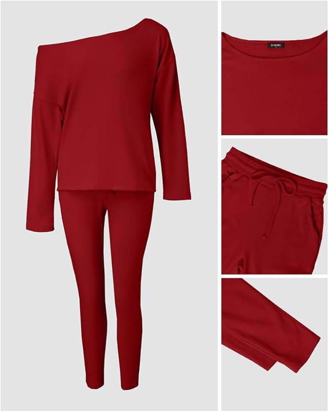 CHICME Women Tracksuit Fall 2 piece Outfits Off The Shoulder Long Sleeve Tops and Pants Set Travel Outfits
