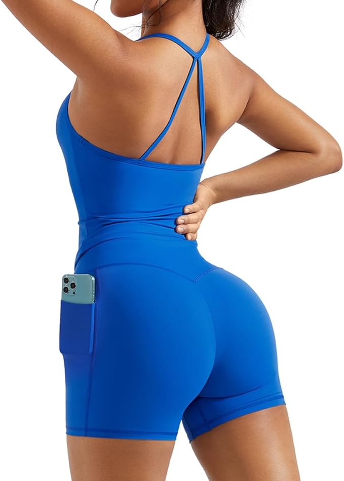 OMKAGI 2 Piece Workout Sets for Women Padded Sports Bra Tank Booty Gym Shorts with Pockets