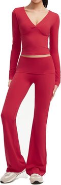 SUUKSESS Women 2 pieces Lounge Sets Long Sleeve V Neck Tops Fold Over Flare Leggings